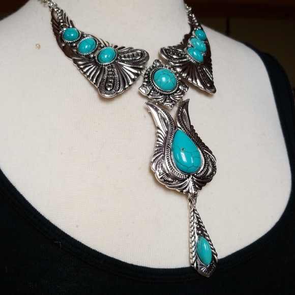 Boho Statement Necklace Turquoise Silvertone Set - Picture 5 of 7
